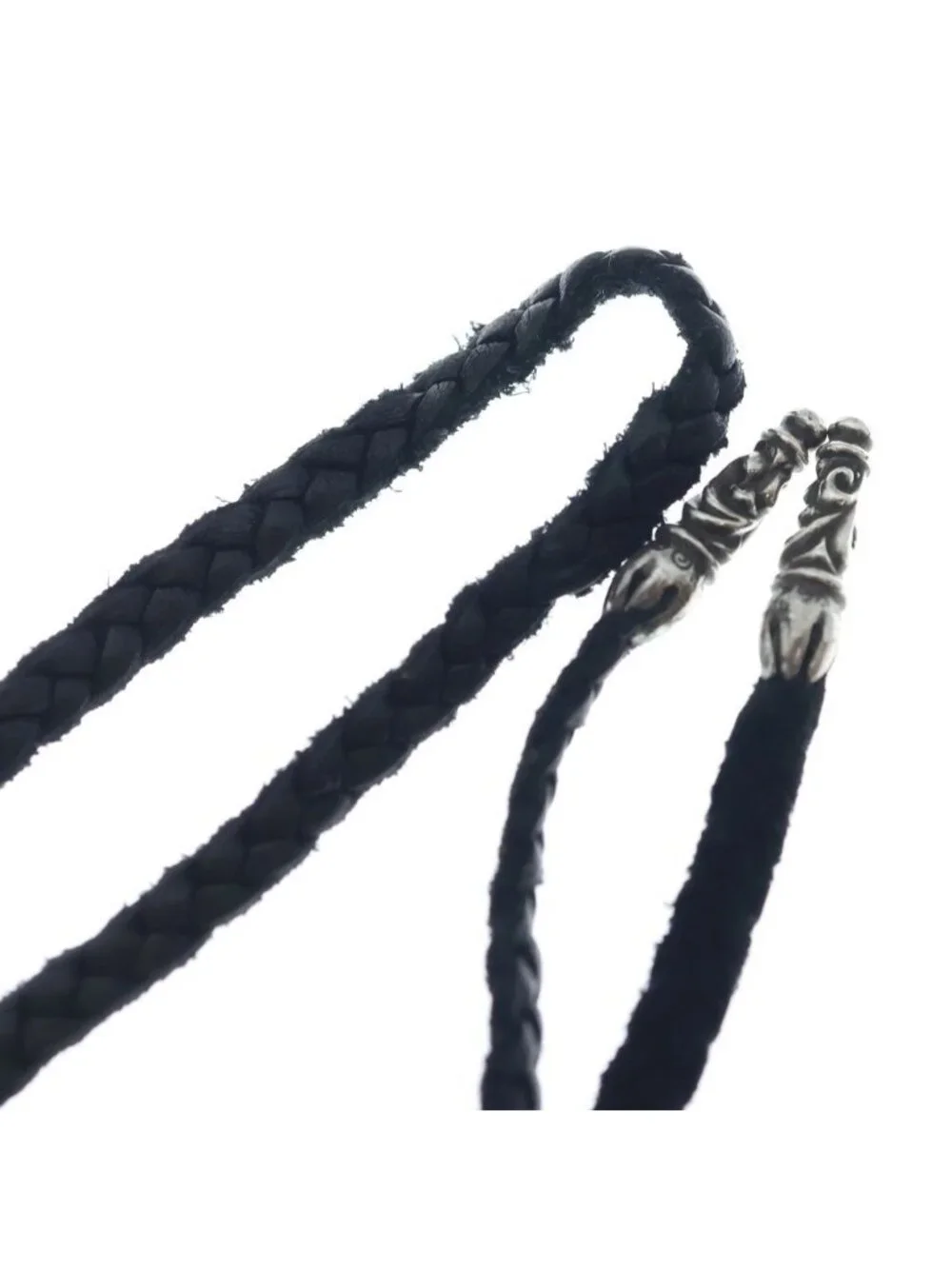 Chrome Hearts Leather Braid Scroll Blade Necklace Black Silver